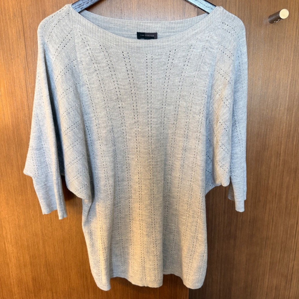 Limited Women XL Gray Merino Wool Blend Pointelle Dolman Boatneck Sweater Y2K